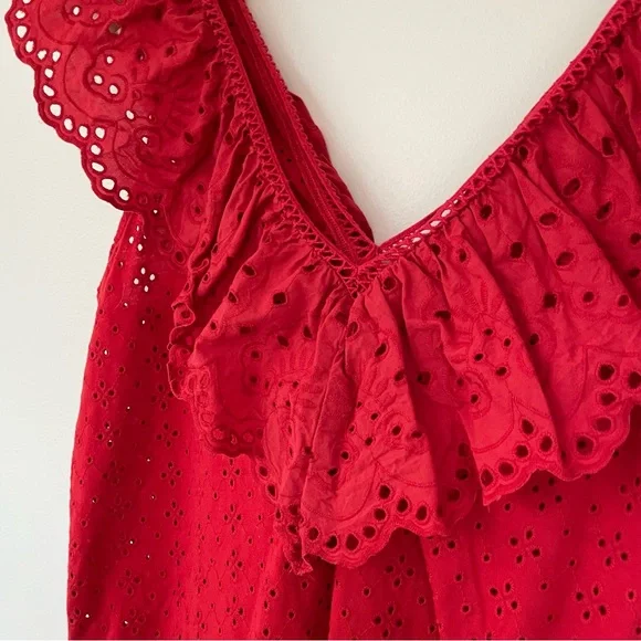 LOFT Eyelet V-Neck Tank Top with Ruffle V-Neck Vivid Red M Medium - Picture 3 of 7